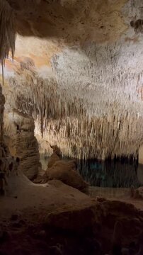 Inside the Caves of Drach, with stalactites and stalagmites. Mallorca, Spain