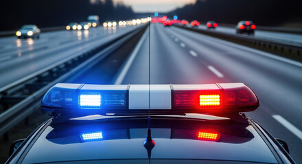 Police car roof with flashing blue and red lights on a highway. Emergency vehicle siren bar at dusk. Law enforcement patrol concept