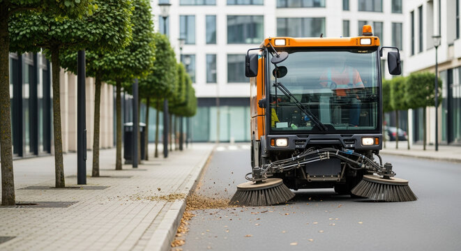 Orange street sweeper truck cleaning the road in a modern city. Municipal utility vehicle sweeping dust and leaves from the curb. Urban maintenance service concept