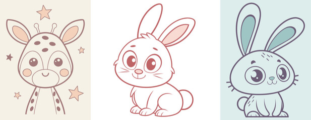 Cute Animal Illustration Wall Art Set for Kids with Soft Colors, Simple Vector Design Style, Playful Nursery Prints for Children Bedroom and Playroom Decor