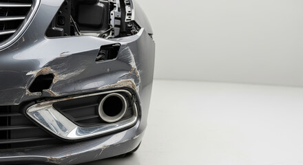 Close-up of damaged grey car bumper with severe scratches and dents. Broken vehicle front part after traffic accident. Auto body repair and insurance concept with copy space