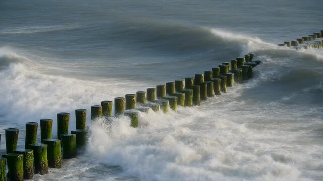 Powerful ocean waves crashing against a long line of weathered wooden groynes covered in green algae on a stormy coastal sea