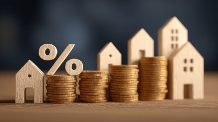 Arrow on coin stack with house model. Real estate market growth, housing price increase, and property investment concept. Mortgage rate. Percentage sign.