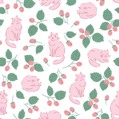 vector raspberry cats seamless pattern in delicate pastel color palette. Stylish illustrated berry and cats on white background. Preppy animal repeat pattern design for baby textile or wallpaper.