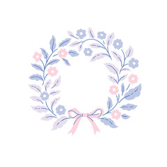 Beautiful round frame with flowers and bow isolated on white background. Preppy floral decor element with place for text. Vector illustration for wedding card, invitation and other design projects.
