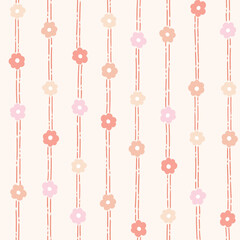 Neutral vector floral striped seamless pattern. Delicate stylized flowers and hand drawing lines on gentle background. Preppy fabric design for baby fabrics or bedding linen.