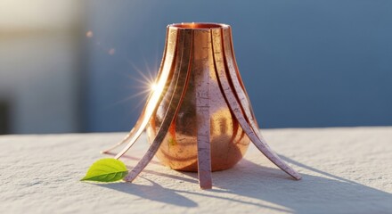 A sleek, metallic vase with elongated openings reflects sunlight, resting elegantly on a white surface, accompanied by a vibrant green leaf, creating a fresh, modern aesthetic