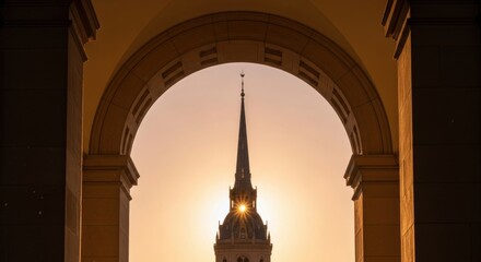 A majestic spire reaches towards the sky, framed by an elegantly arched entrance, illuminated by the warm glow of a sunset. The silhouette captures a moment of tranquility and grandeur