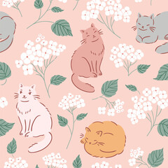 vector cats seamless pattern in delicate pastel color palette. Stylish illustrated hydrangea flowers and cats on pink background. Preppy animal repeat pattern design for baby textile or wallpaper.
