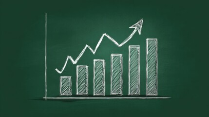 Green chalkboard with hand drawn ascending chart and arrow, representing growth and success, for business presentation and finance.