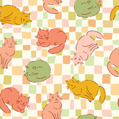 Vector funny cat seamless pattern. Hand drawn stylish animal y2k repeat print design. Colorful cats on checkered background in bright colors. Cute kids fabric design 