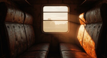 An old train carriage with worn leather seats sits empty, illuminated by soft sunlight streaming through a dusty window, casting warm shadows and highlighting the tranquil outside landscape