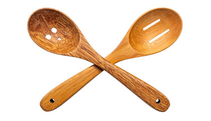 Crossed wooden serving spoon and salad server on black isolated on solid white background Png2