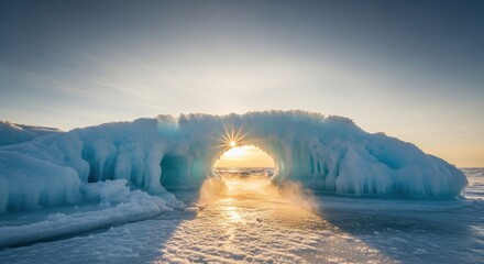 A stunning ice arch forms an entrance to a frozen landscape, illuminated by the warm hues of a sunset. Wispy fog rises off the icy surface, creating a serene atmosphere in the cold