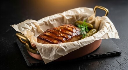 A succulent grilled chicken breast garnished with fresh dill, surrounded by crunchy pickles, presented in an elegant copper dish lined with parchment on a textured black surface