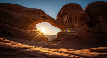 A stunning sunrise illuminates a majestic natural arch, casting rays of light across the warm, textured sandstone landscape, highlighting the rugged beauty of the surrounding rock formations