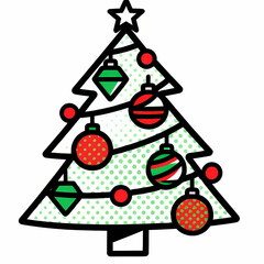 Pop Art Halftone Line Art Christmas Tree Illustration.