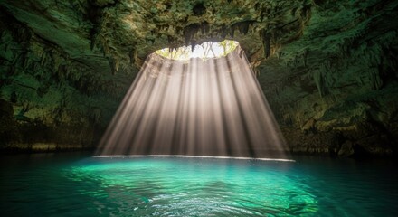 A breathtaking view of a cavernous underground pool, illuminated by cascading beams of sunlight through an opening at the top, creating a serene atmosphere with colorful reflections in the water