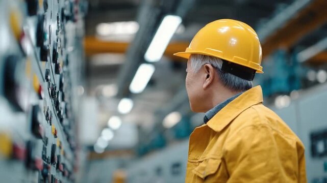 Engineer Inspecting Panel: An engineer, dressed in a protective yellow hard hat and matching uniform, meticulously inspects a complex electrical panel within an industrial setting.