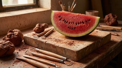 A freshly cut watermelon rests on a rustic wooden board, surrounded by sculpting tools and clay, while natural light streams through a window, creating an inviting artistic atmosphere