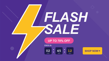 Vibrant flash sale banner with countdown timer and call to action button for online shopping