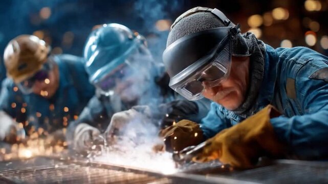 Welder's Spark: Industrial workers expertly manipulate welding torches, generating brilliant sparks and molten metal in a focused display of skill and precision.