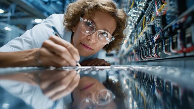 Precision in Innovation: A focused scientist, framed in an environment of cutting-edge technology, meticulously examines a technological blueprint.