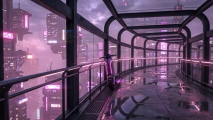 A futuristic walkway illuminated by vibrant pink neon lights reflects on a rain-soaked surface, with a sleek bicycle resting against the railing amidst a sprawling city skyline