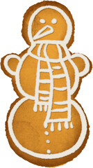 Watercolor illustration of a gingerbread cookie decorated with white icing. Hand-painted in a soft, festive style. Perfect for Christmas designs, holiday cards, seasonal packaging, 