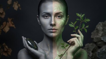 A striking portrait featuring a woman with half of her face painted gray and the other half adorned with green leaf patterns, holding a smooth stone in one hand and a branch in the other