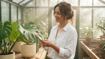 A woman examines a large green leaf in a sunlit greenhouse filled with various plants in pots, reflecting her passion for gardening and nature. The serene atmosphere enhances her joy