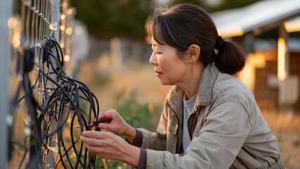 Woman at Work: An Asian woman is working outdoor on a project, her focused attention and skillful hands engaged in a task as the warm glow of daylight surrounds her.