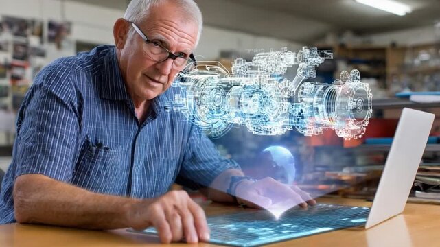 Engineering Visionary: An older man with glasses is engrossed in his laptop, a holographic engine design superimposed, symbolizing advanced technology and engineering expertise.