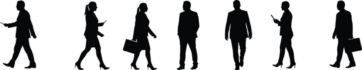 Business people silhouettes in professional poses, walking and standing, men and women in corporate attire, teamwork concept, vector illustration