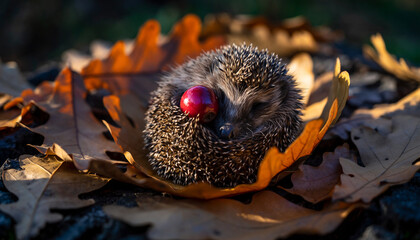 Sleeping hedgehog curled up with a bright red berry on autumn oak leaves