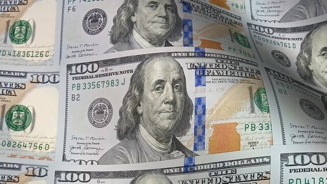 Flowing cinematic motion moving over waves of hundred dollar bills forming layered banknote textures that emphasize investment concepts and premium cash wealth in an exclusive financial backdrop