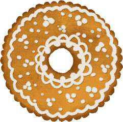 Watercolor illustration of a gingerbread cookie decorated with white icing. Hand-painted in a soft, festive style. Perfect for Christmas designs, holiday cards, seasonal packaging, 