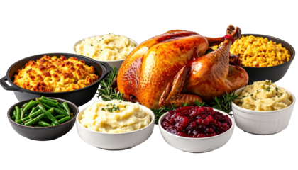 Roasted fowl centerpiece with side dishes, arranged for a festive holiday feast
