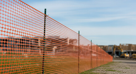 Obraz premium Orange temporary safety fence at a new residential construction site. Building development and real estate concept with copy space