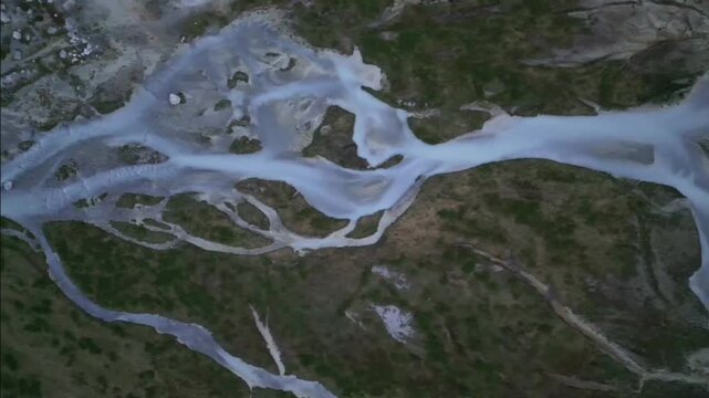 Moiry Glacier Sunrise Top Down Lateral From River to Lake