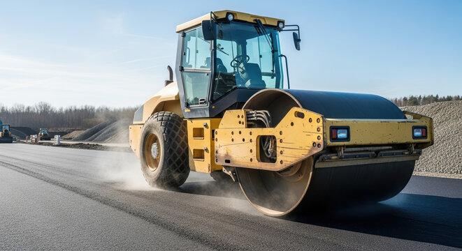 Road roller compacting fresh hot asphalt at a construction site. Heavy machinery paving a new highway