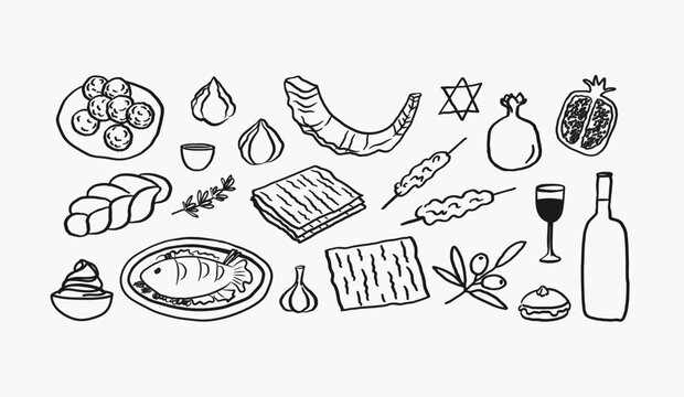 Jewish cuisine and religious holidays. Hand drawn illustration. Doodle with stuffed fish, hummus, Shofar horn, falafel, challah, matzah, sweets, David star. Festive food for Hanukkah, Tu Bishvat
