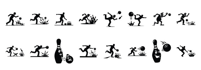 Set of vector funny bowling  icon in silhouettes