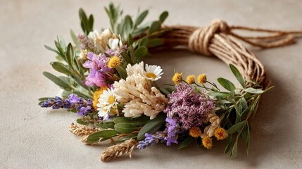 Dried flower wreath on kraft paper background with jute string for minimalistic holiday decor