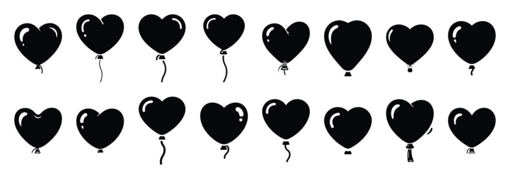 Set of vector funny balloon heart  icon in silhouettes
