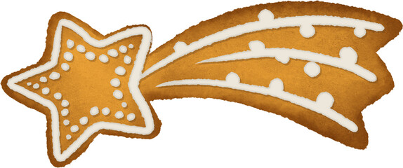 Watercolor illustration of a gingerbread star cookie decorated with white icing. Hand-painted in a soft, festive style. Perfect for Christmas designs, holiday cards, seasonal packaging, 