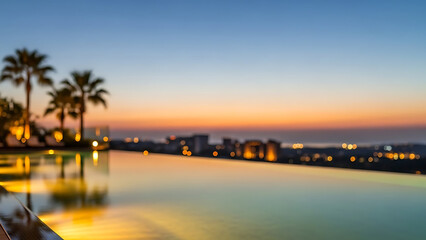 Fototapeta premium Luxurious infinity pool overlooking the ocean at dusk with palm trees silhouetted against a vibrant sunset sky