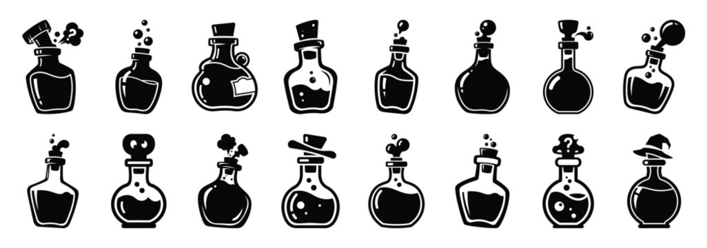 Set of vector funny potion bottle  icon in silhouettes
