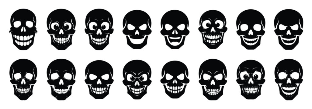 Set of vector funny skull  icon in silhouettes