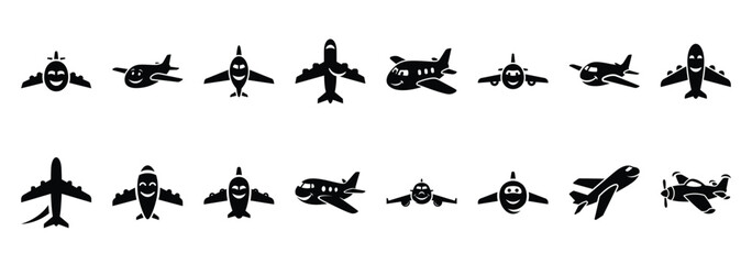 Set of vector happy airplane  icon in silhouettes